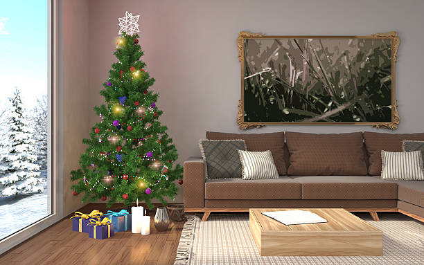 istock Christmas tree with decorations in the living room. 3d illustrat 610133452