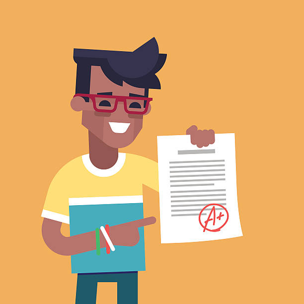 Black student holding sheet with the highest mark. A cute african american student holding sheet with the highest mark. Excellent pupil showing the best result test. Cartoon character. Vector illustration flat design. test results stock illustrations
