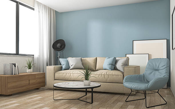 3d rendering blaue dekoration wohnzimmer mit schönen möbeln - living room blue sofa carpet stock-fotos und bilder