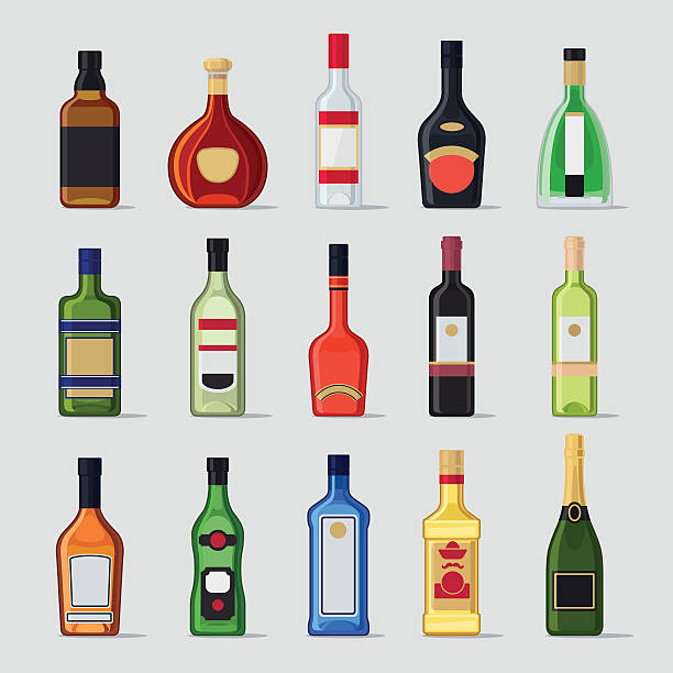 ilustrações, clipart, desenhos animados e ícones de álcool em um frasco ícones planos - white background wine bottle isolated on white champagne