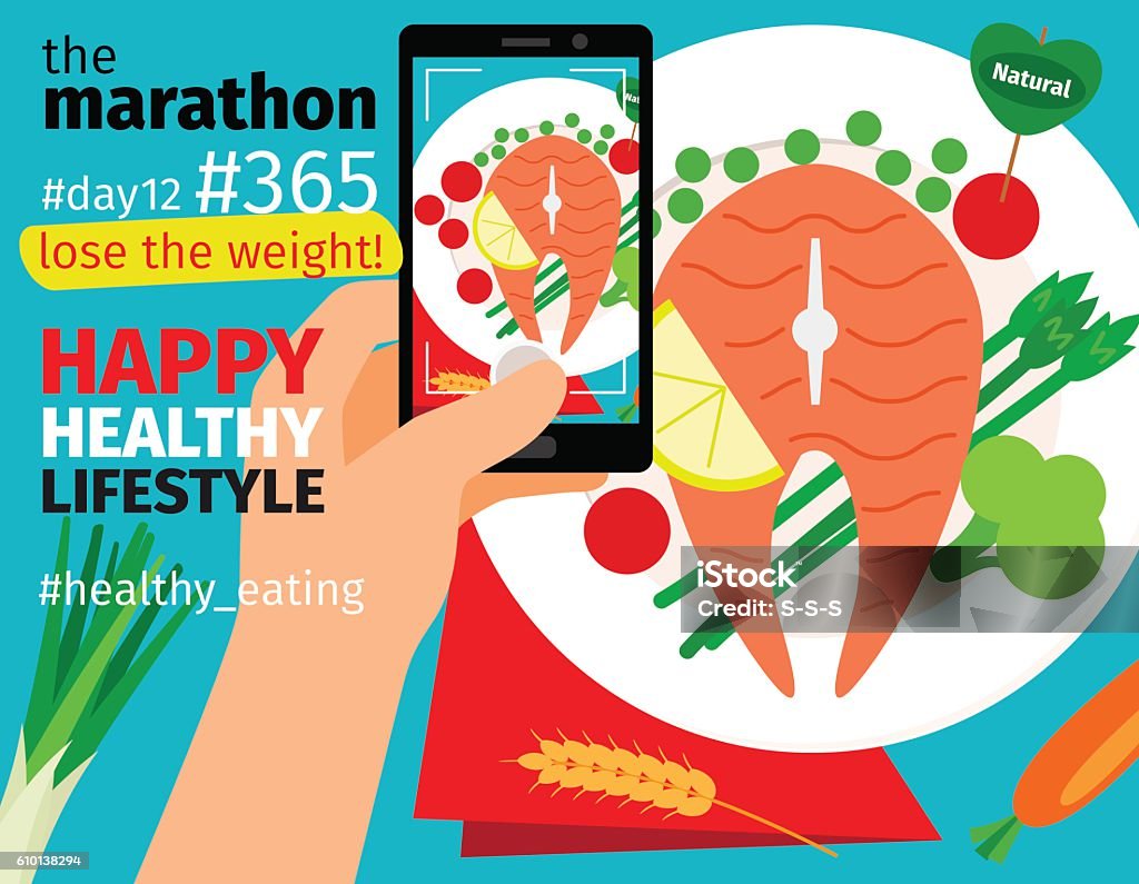 Mobile food photo with calories plan Diet and weight loss marathon. Mobile food photo with calories plan vector illustration Competition stock vector