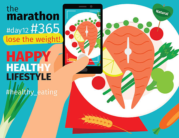 Mobile food photo with calories plan Diet and weight loss marathon. Mobile food photo with calories plan vector illustration competition photos stock illustrations