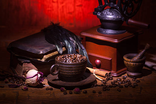 istock Cup of coffee, dry rose and grinder 610138644