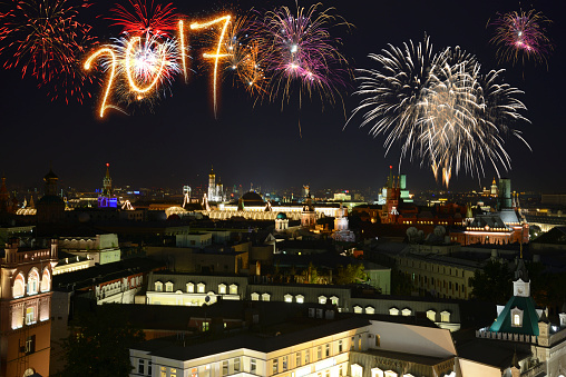 New Year celebration over Moscow, Russia