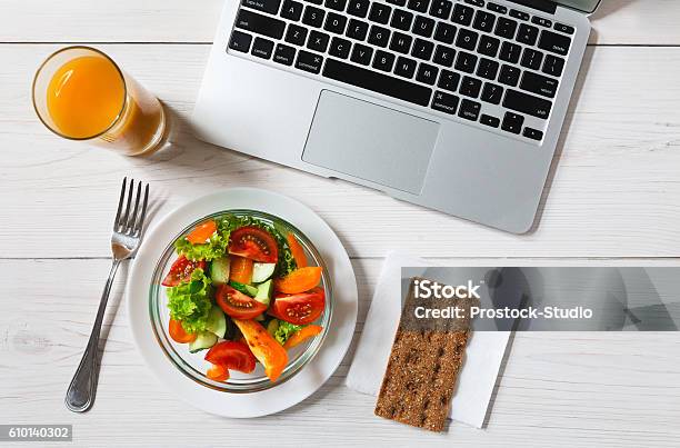 Healthy Business Lunch Snack In Office Vegetable Salad Top View Stock Photo - Download Image Now