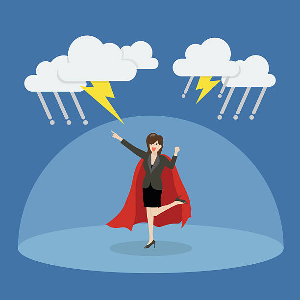 istock Business woman superhero with barrier protecting from thundersto 610140670