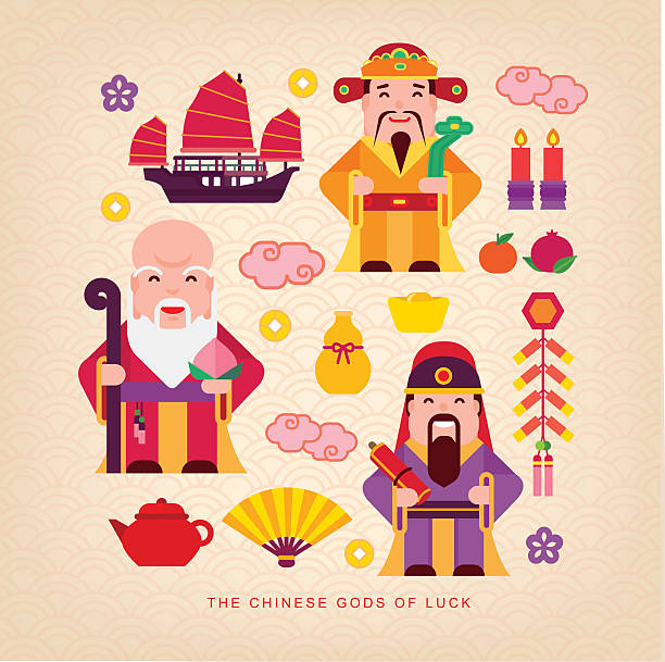 Chinese gods of luck vector art illustration