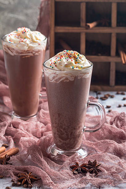 istock Chocolate milkshake in tall glass mugs 610141338