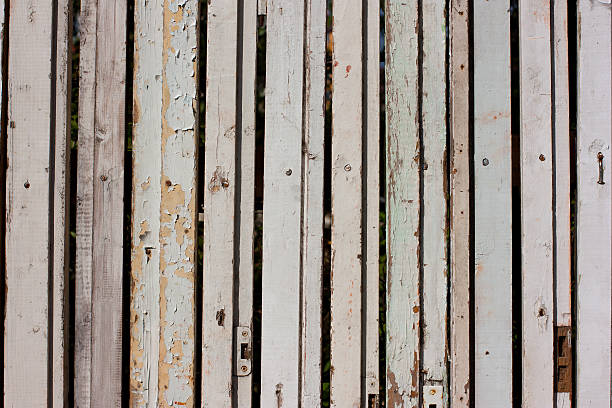 istock Old, white paint peeling off a fence 610141406