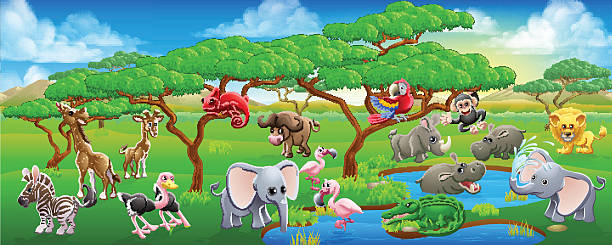 süße cartoon safari tier szene landschaft - tropical rainforest animal cartoon lion stock-grafiken, -clipart, -cartoons und -symbole