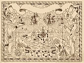 istock Old mayan or aztec map with gods and fantasy land 610142038