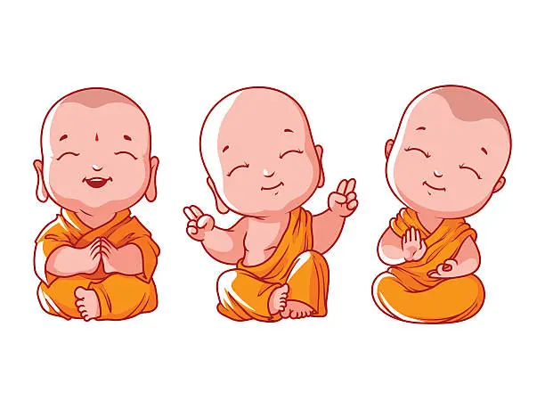Vector illustration of Set of little meditating monks.