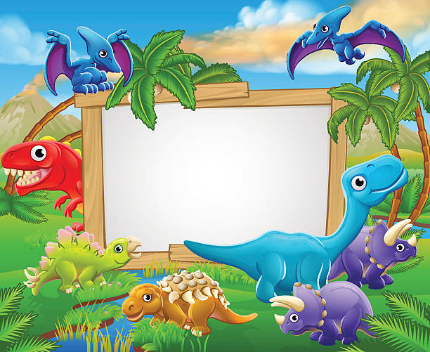 Cartoon Dinosaurs Sign A sign surrounded by cute cartoon dinosaur characters ornithischia stock illustrations