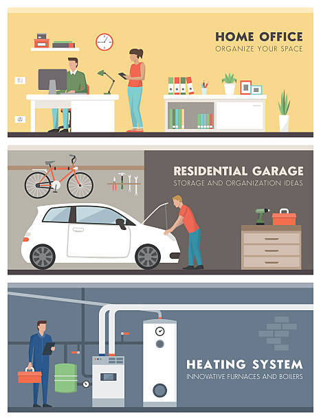 Domestic life banner set Domestic lifestyle and room interiors banners set with people: office, garage and boiler room tidy home office stock illustrations