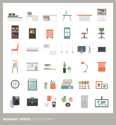 Business office icons set: objects, furnishings, decorations and electronics