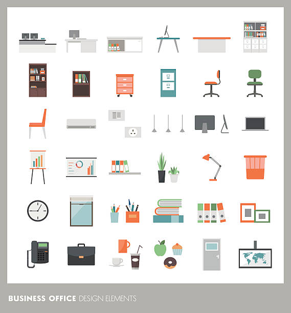 Office design elements Business office icons set: objects, furnishings, decorations and electronics chair illustrations stock illustrations