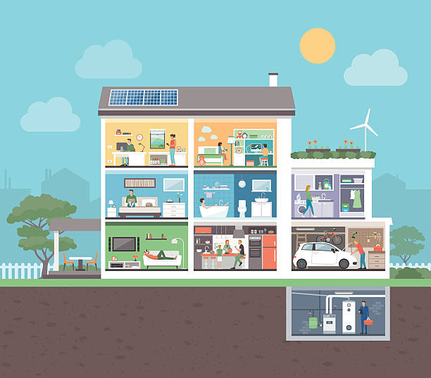 House cross section with room interiors and people, domestic lifestyle concept