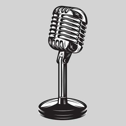 Vector illustration, poster of isolated retro, vintage microphone on the table