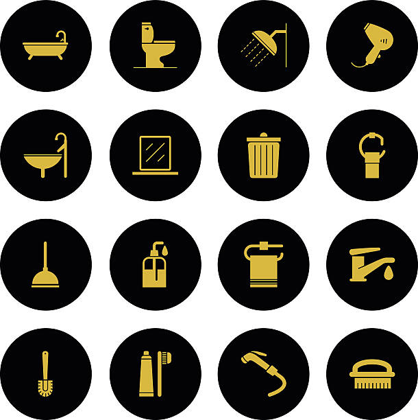 ilustraciones, imágenes clip art, dibujos animados e iconos de stock de establecer iconos de baño serie de oro - women bathtub bathroom water