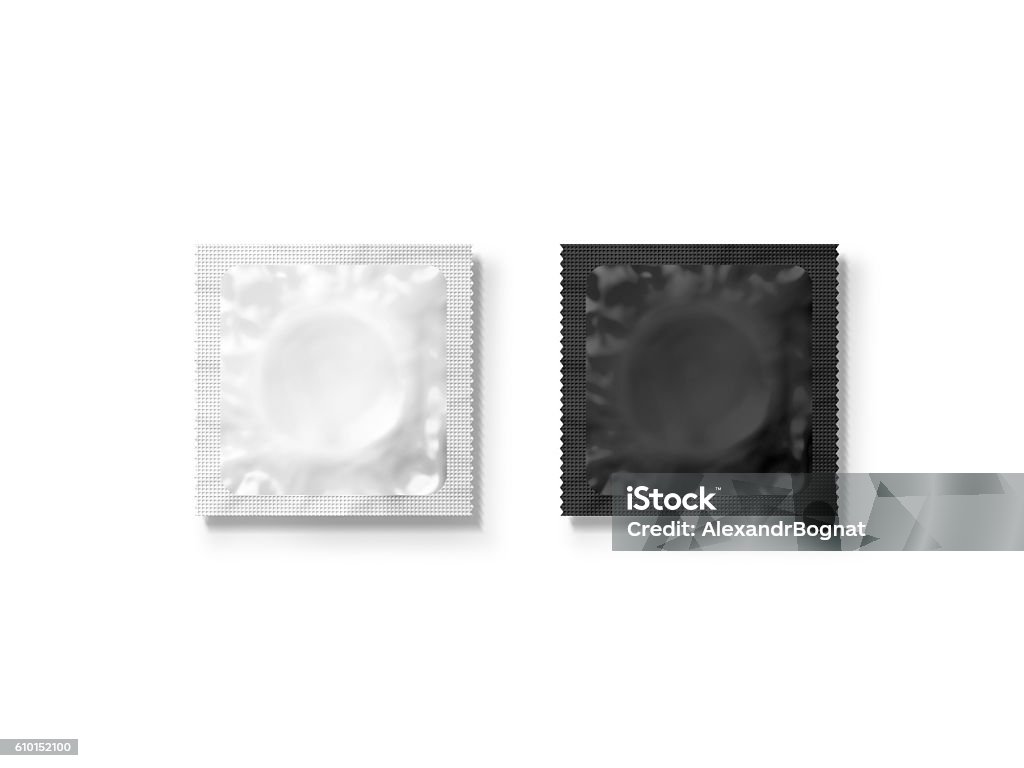 Blank white and black condom packet mockup, isolated, clipping path Blank white and black condom packet mockup, isolated, clipping path, 3d illustration. Sexual protection rubber packaging design mock up, front and back side. Condoms sachet pack branding template. Condom Stock Photo