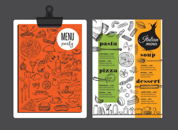 illustrazioni stock, clip art, cartoni animati e icone di tendenza di menu ristorante italiano, omatta modello di cibo. - restaurant pasta italian culture dinner