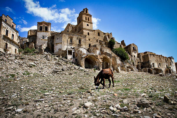 Donkey grazing in front of the town of Craco in Basilicata Region.  The town was abandoned in 1963 after a large landslide proportions