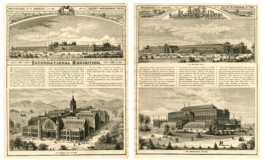 Four magazine plates showing some of the exhibition halls at the International Exhibition held in Philadelphia between 10th May and 10th November, 1876. From “The Cottager and Artisan” illustrated by various artists and published by The Religious Tract Society, London, in 1876.
