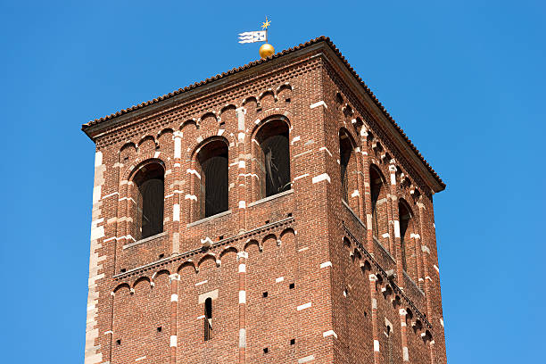 Detail of the bell tower of the famous and ancient basilica of Saint Ambrose (Sant'Ambrogio 379-1099) in Milano, Lombardia, Italy