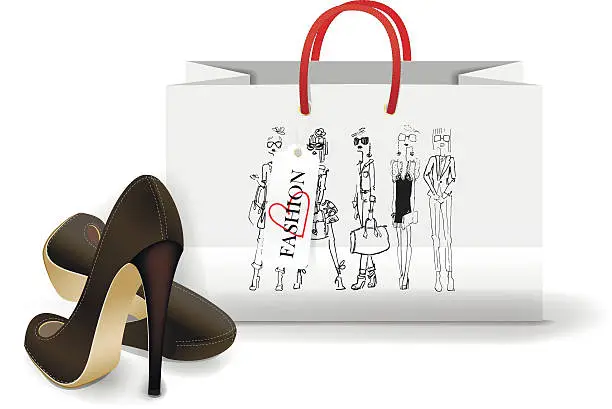 Vector illustration of Shopping Bag with a print - Fashion illustration. ink sketch