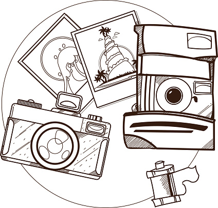 Photos and cameras a top view. Outline illustration on the theme of travel.