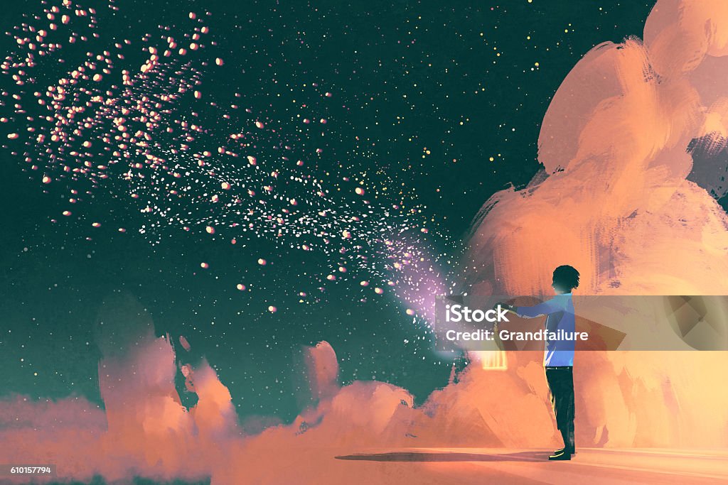 man holding a cage with floating star dust man holding a cage with floating shinning star dust,illustration painting Lantern stock illustration