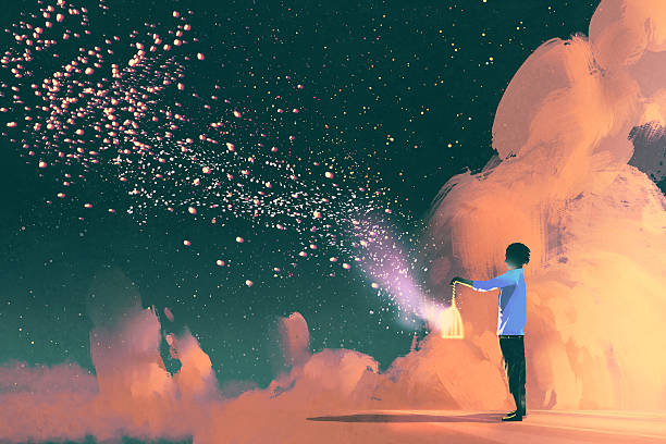 man holding a cage with floating star dust man holding a cage with floating shinning star dust,illustration painting lanterns at night stock illustrations