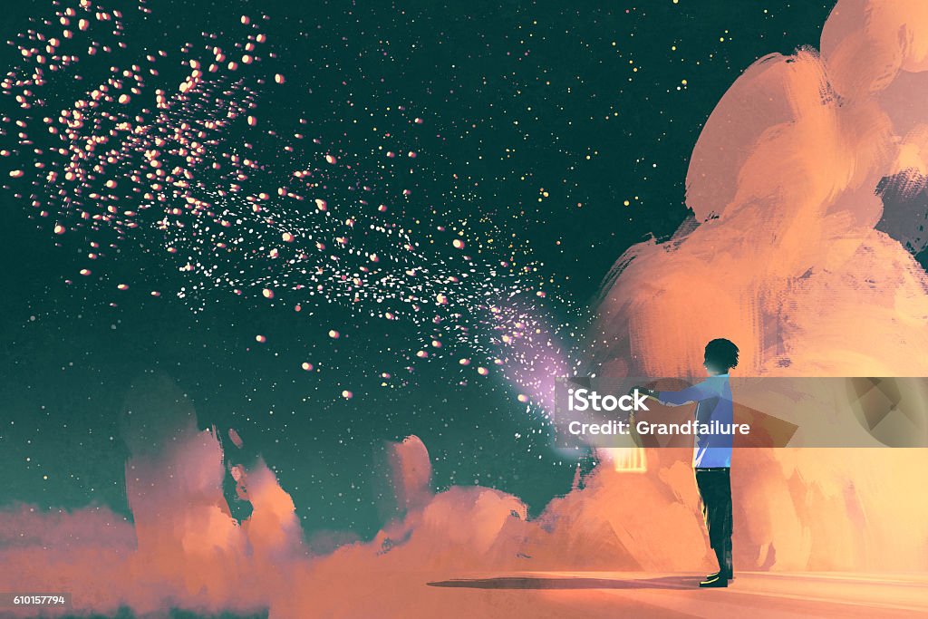 man holding a cage with floating star dust - 免版稅燈籠插圖檔