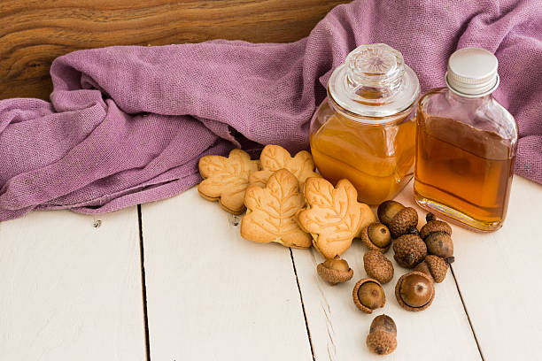 Delicious Canadian maple cream cookies, maple syrup, honey and acorns