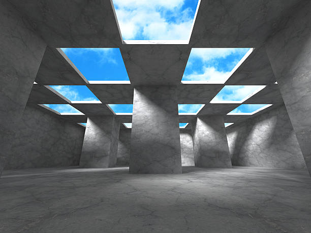 istock Concrete architecture background. Abstract empty room with sky 610158750