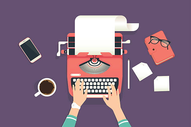 ilustrações de stock, clip art, desenhos animados e ícones de woman’s hands typing on a vintage typewriter - typewriter writing journalist typing