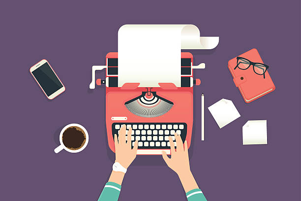 Woman’s hands typing on a vintage typewriter Woman’s hands typing an article on a vintage typewriter. Flat illustration of working process and author modern workplace. Business background for promotion and blogging person writing on notepad stock illustrations