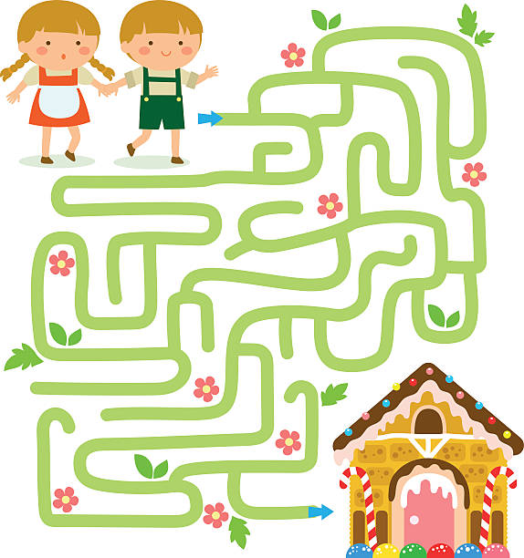Maze game with Hansel and Gretel Maze game. Hansel and Gretel find the gingerbread house. brothers grimm stock illustrations
