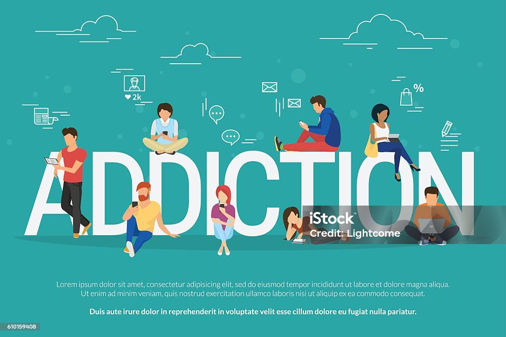 Addiction concept illustration of young people using devices such as Addiction concept illustration of young people using devices such as laptop, smartphone, tablets. Flat design of people addicted to gadgets sitting on the bid letters with social media symbols Addiction stock vector