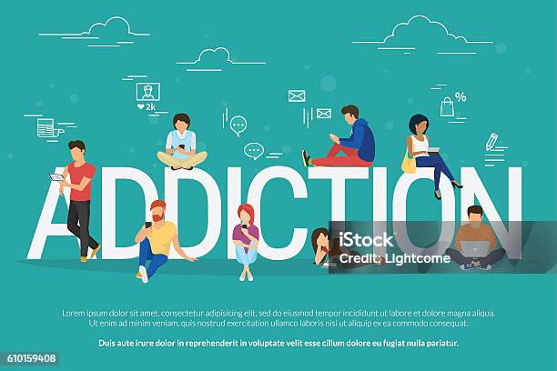 Addiction Concept Illustration Of Young People Using Devices Such As Stock Illustration - Download Image Now