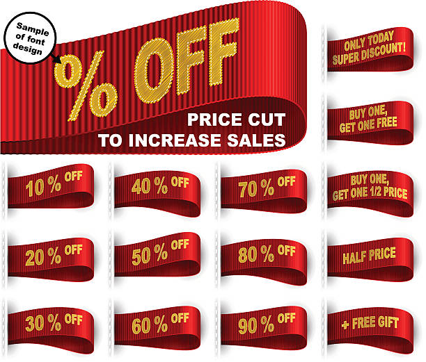 Marketing Tag Clothes Label Sticker Sewn Price Cut Set Red Clothes labels with percentage of price cuts and marketing phrases; Discount today only; Buy one, get one free gift; Half price; % off; Red vector set Eps10 40 off stock illustrations