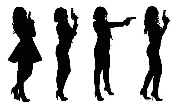 Set of female spy in different clothes with gun vector art illustration