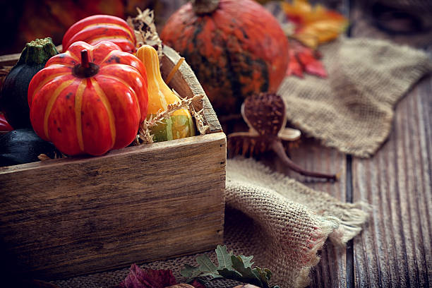 istock Autumn pumpkin decoration on wooden table with copy space 610160476