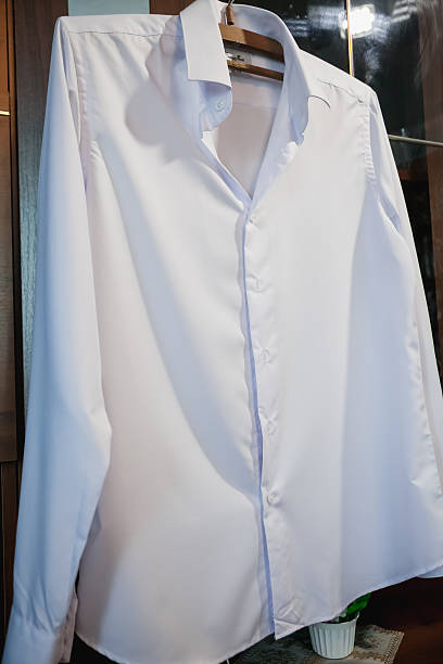 istock white shirts hanging on rack in built-in cupboard 610217610