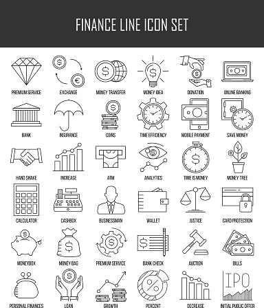 Modern thin line icons set of finance, investment, banking and money. Premium quality outline symbol collection. Simple mono linear pictogram pack for web graphics. Wallet, moneybox, coins and others.