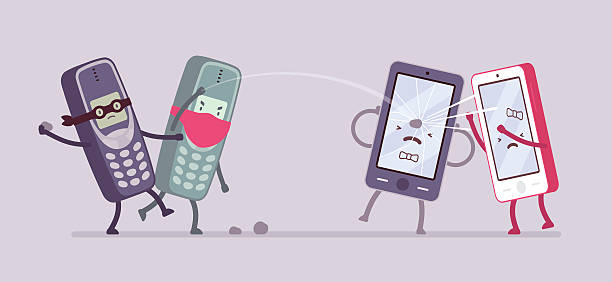 illustrazioni stock, clip art, cartoni animati e icone di tendenza di i vecchi telefoni attaccano i nuovi smartphone - violate