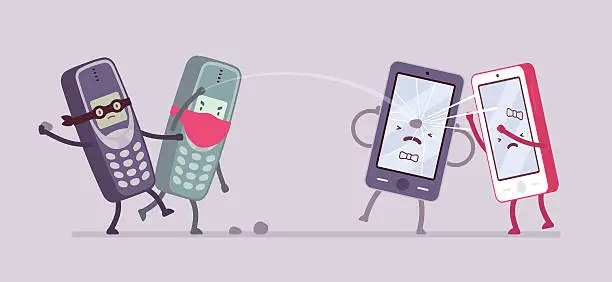 Vector illustration of Old phones are attacking new smartphones