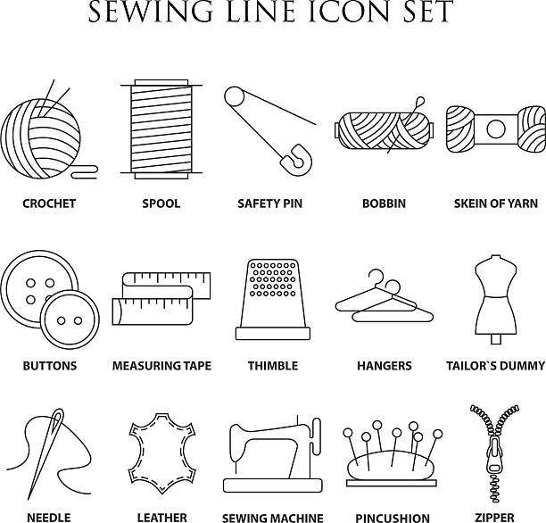 illustrazioni stock, clip art, cartoni animati e icone di tendenza di set di icone linea di cucito - sewing dressmakers model tape measure mannequin