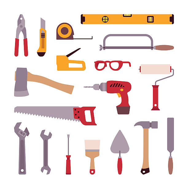 ilustraciones, imágenes clip art, dibujos animados e iconos de stock de juego de herramientas de construcción - hand drill illustrations