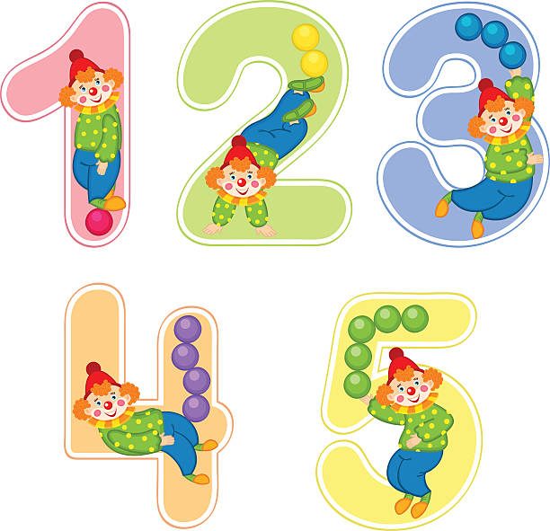 zestaw liczb z klaunem żonglerem od 1 do 5 - class clown stock illustrations